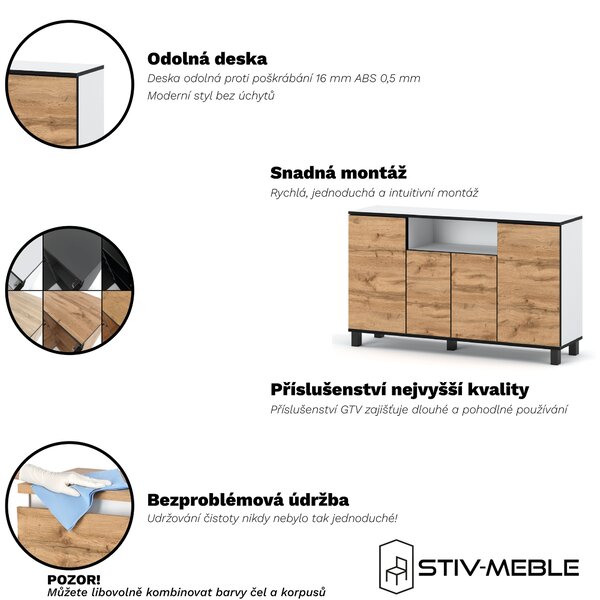STIV Möbel | Komoda 140x35x80 cm Bílý Mat / Dub Wotan | 4 dvířka | 9 polic | Moderní styl do ložnice a obýváku
