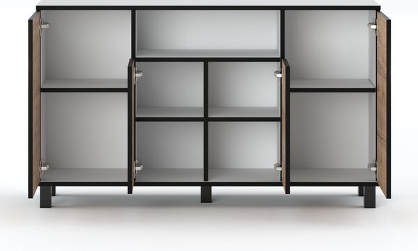 STIV Möbel | Komoda 140x35x80 cm Bílý Mat / Dub Wotan | 4 dvířka | 9 polic | Moderní styl do ložnice a obýváku