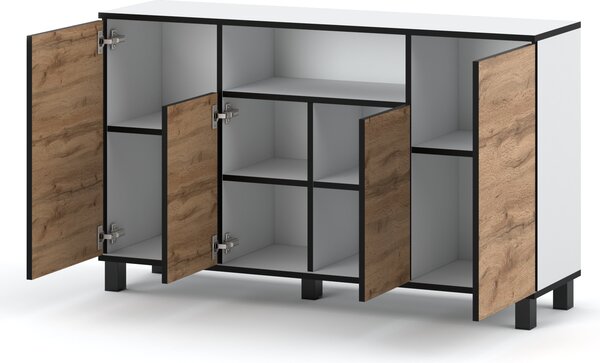 STIV Möbel | Komoda 140x35x80 cm Bílý Mat / Dub Wotan | 4 dvířka | 9 polic | Moderní styl do ložnice a obýváku