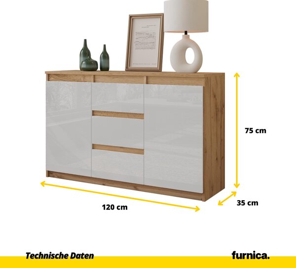 MIKEL - Komoda / příborník se 3 zásuvkami a 2 dvířky - dub Wotan / bílý lesk V75cm Š120cm D35cm