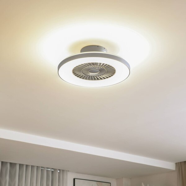 Lindby Smart LED stropní ventilátor Paavo, stříbrný, tichý, Tuya, stmívatelný, Hliník / šedá / zinek, Obývací pokoj / jídelna, Plast, Moderní