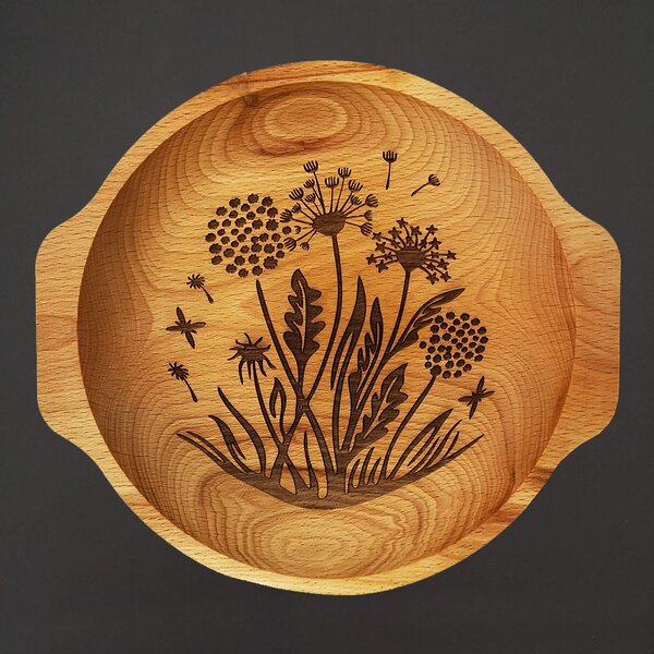 AMADEA Dřevěná miska květiny - pampelišky, masivní dřevo, 24 cm