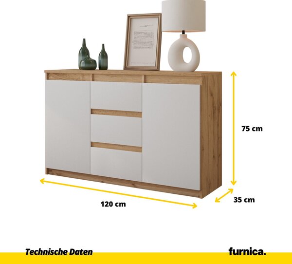 MIKEL - Komoda / příborník se 3 zásuvkami a 2 dvířky - dub Wotan / bílá matná V75cm Š120cm D35cm