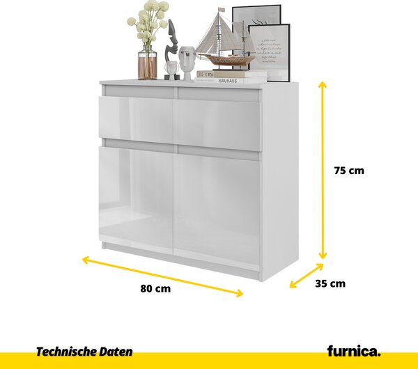 FURNICA - NOAH - Komoda / příborník se 2 zásuvkami a 2 dvířky - bílá matná / bílý lesk V75cm Š80cm H35cm
