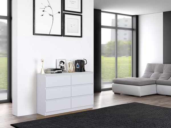 Komoda bílá se šesti zásuvkami, ložnice, chodba, skříň, příborník, vysoký příborník, šířka 120 cm, výška 75 cm