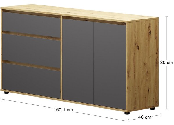 Nabbi Dvoudveřová komoda se zásuvkami Norman CH-2D/3DR - šedý grafit / dub wotan