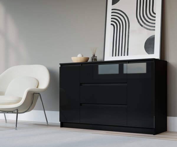 Komoda, matná černá, lesklá černá, 120 x 39 x 78 cm, 2 dvířka, 3 zásuvky