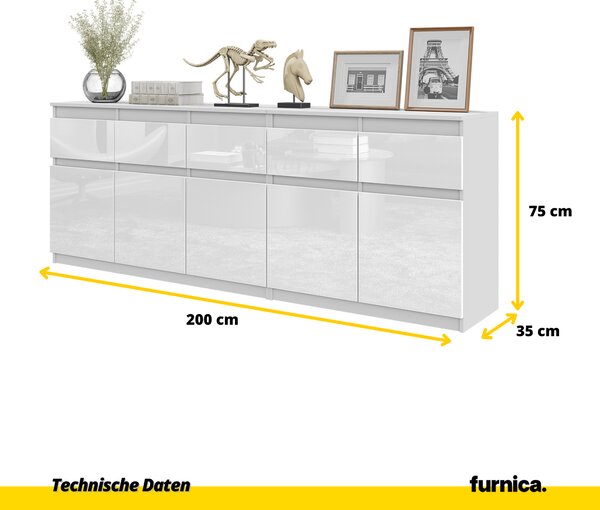 NOAH - Komoda s 5 zásuvkami a 5 dvířky - Komoda do ložnice Úložná skříňka Příborník - bílý mat / bílý lesk V75cm Š200cm H35cm