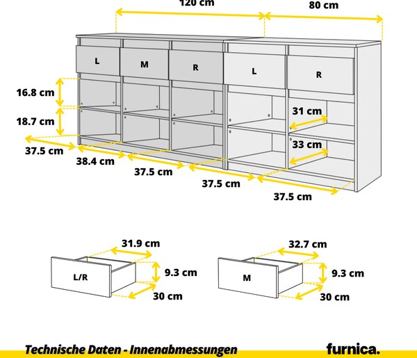 NOAH - Komoda s 5 zásuvkami a 5 dvířky - Komoda do ložnice s úložným prostorem - bílá matná / antracitová V75cm Š200cm H35cm