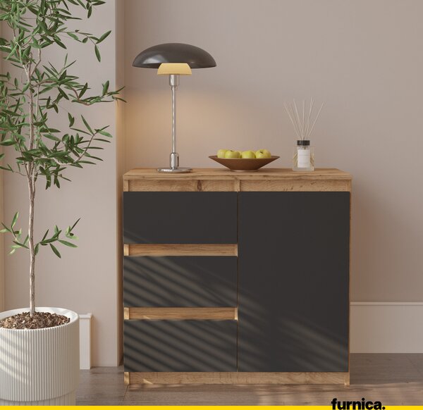 FURNICA - MIKEL - Komoda se 3 zásuvkami a 1 dvířky - dub Wotan / antracitově šedá V75cm Š80cm H35cm