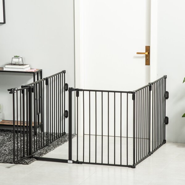 PawHut Bezpečnostní Bariera na Krb Modrý Ochranný Oplocení pro Domácí Zvířata Modulární Skládací 6 Panelů s Dveřmi Bez Vrtání 362,5 x 76 cm Černá | Ao