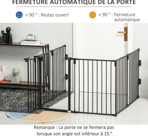 PawHut Bezpečnostní Bariera na Krb Modrý Ochranný Oplocení pro Domácí Zvířata Modulární Skládací 6 Panelů s Dveřmi Bez Vrtání 362,5 x 76 cm Černá | Ao