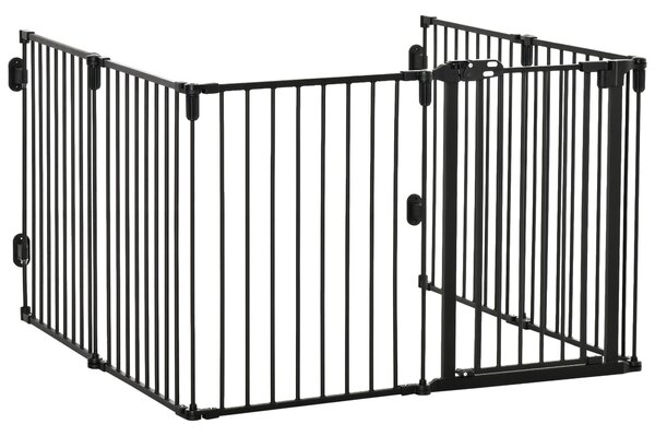 PawHut Bezpečnostní Bariera na Krb Modrý Ochranný Oplocení pro Domácí Zvířata Modulární Skládací 6 Panelů s Dveřmi Bez Vrtání 362,5 x 76 cm Černá | Ao