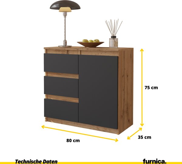 FURNICA - MIKEL - Komoda se 3 zásuvkami a 1 dvířky - dub Wotan / antracitově šedá V75cm Š80cm H35cm