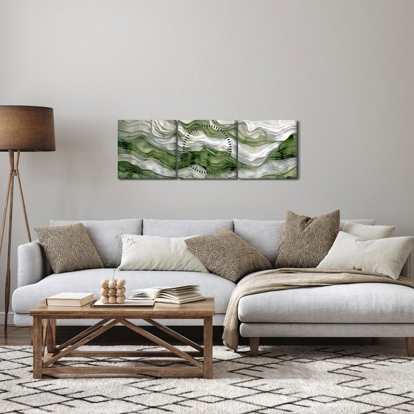 Obraz - Zelenobílé vlnky (s hodinami) (90x30 cm)