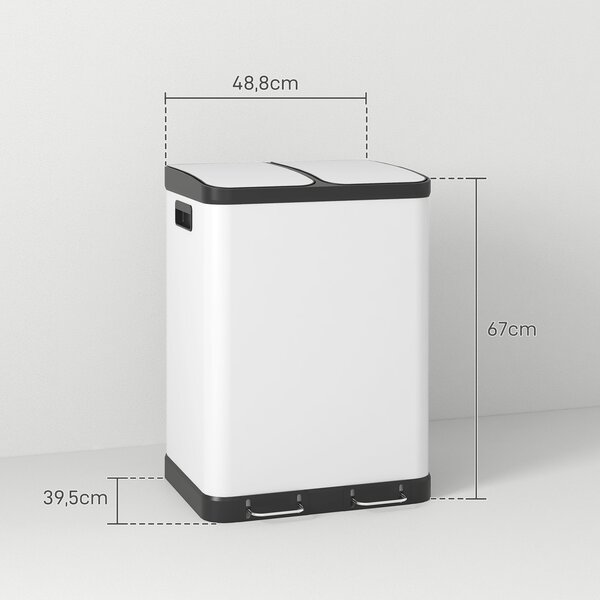 HOMCOM Kuchyňský Odpadkový Koš 2 x 30L Nerezový Pedálový Koš s 2 Odděleními, Tichý Klapkový Víko, Vyjímatelné Vnitřní Kbelíky pro Recyklaci a Odpad, B