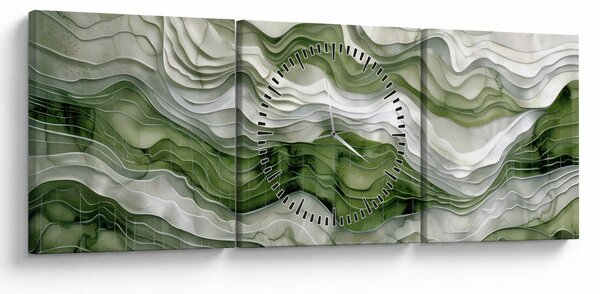 Obraz - Zelenobílé vlnky (s hodinami) (90x30 cm)