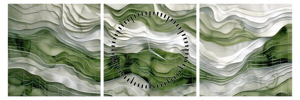 Obraz - Zelenobílé vlnky (s hodinami) (90x30 cm)