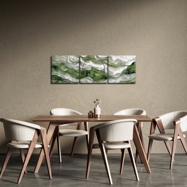 Obraz - Zelenobílé vlnky (s hodinami) (90x30 cm)