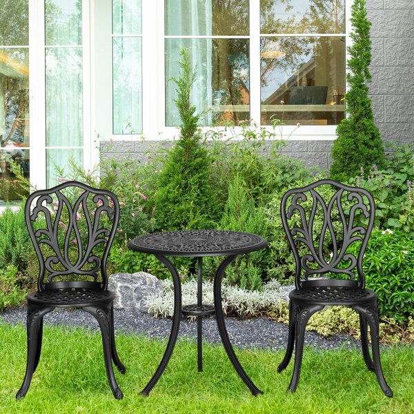 Outsunny zahradní set pro 2 osoby se 2 křesly + kulatý stůl v retro stylu z hliníkového odlitku, černý | Aosom