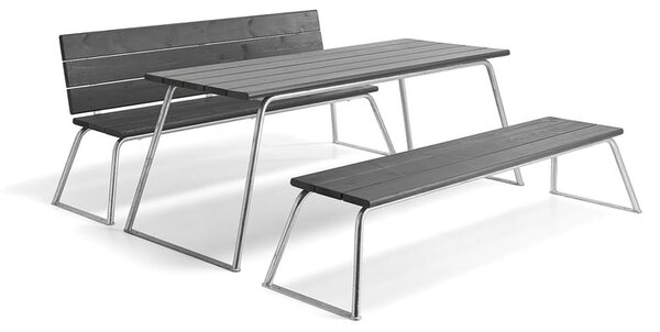 AJ Produkty Sestava ARCTIC, stůl + 1 lavice bez opěradla a 1 lavice s opěradlem, šedá