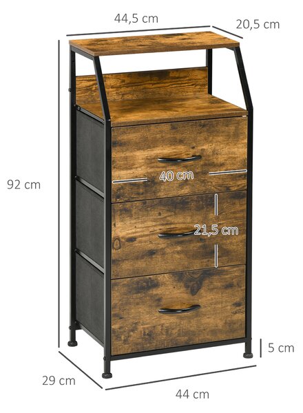 HOMCOM Komoda v industriálním stylu, 3 vyjímatelné látkové zásuvky a 2 police - 44 x 29 x 92 cm - dřevo a kov