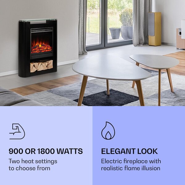 Klarstein Elektrický krb, elektrické ohřívače do obývacího pokoje a interiéru, elektrický krb s LED plameny, úsporný elektrický ohřívač, ventilátorový ohřívač s časovačem, nastavitelný termostat, ohřívač 1800 W