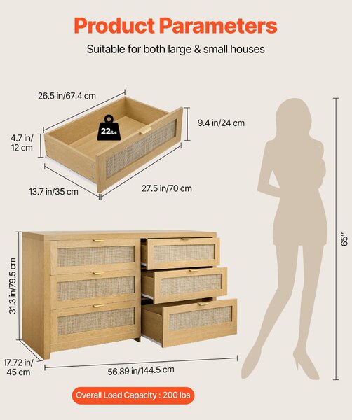 VEVOR ratanová komoda s 6 zásuvkami a kovovými úchyty, moderní ratanová skříňka do ložnice obývacího pokoje předsíně (144,5 x 45 x 79,5 cm) skříňka se zásuvkami na oblečení