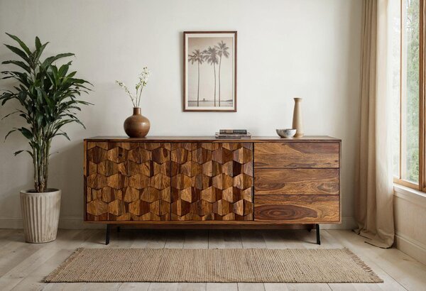 Komoda FineBuy z masivního dřeva sheesham, 175 cm, 2 dvířka a 3 zásuvky – masivní retro komoda s kovovými nohami – designová komoda v přírodním stylu – ručně vyrobená v industriálním stylu