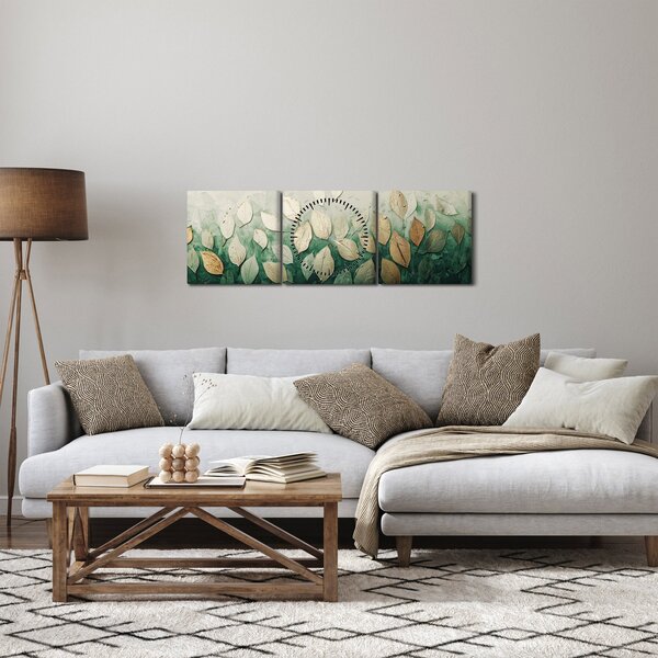 Obraz - Zlato-zelené listy (s hodinami) (90x30 cm)