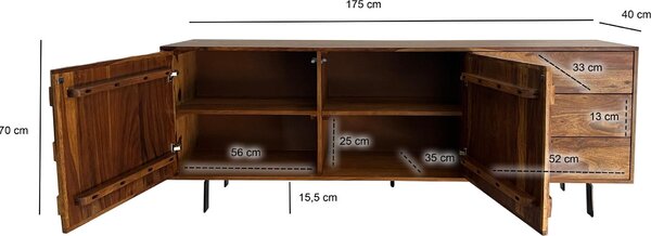 Komoda FineBuy z masivního dřeva sheesham, 175 cm, 2 dvířka a 3 zásuvky – masivní retro komoda s kovovými nohami – designová komoda v přírodním stylu – ručně vyrobená v industriálním stylu