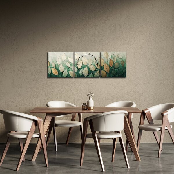 Obraz - Zlato-zelené listy (s hodinami) (90x30 cm)