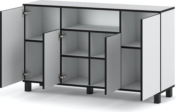 STIV Möbel | Komoda 140x35x80 cm Bílý Mat | 4 dvířka | 9 polic | Do obýváku, ložnice nebo pracovny