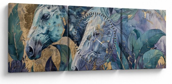 Obraz - Koně se zlatým pozadím (s hodinami) (90x30 cm)