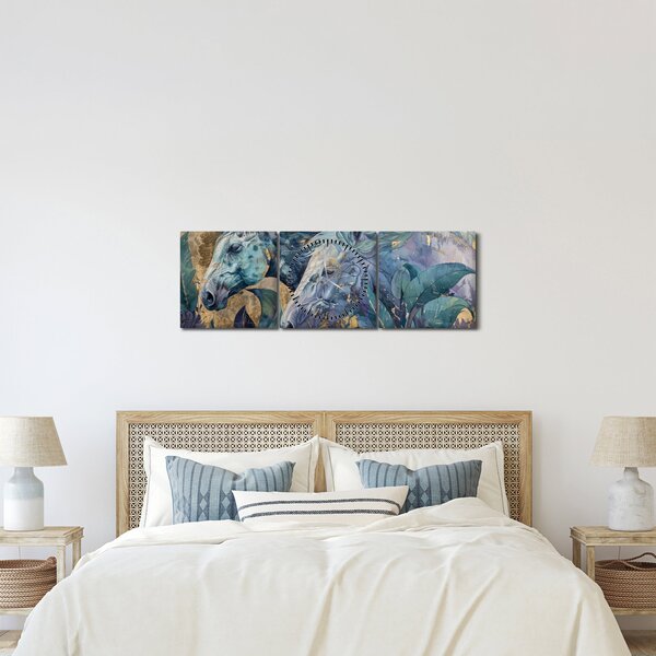Obraz - Koně se zlatým pozadím (s hodinami) (90x30 cm)