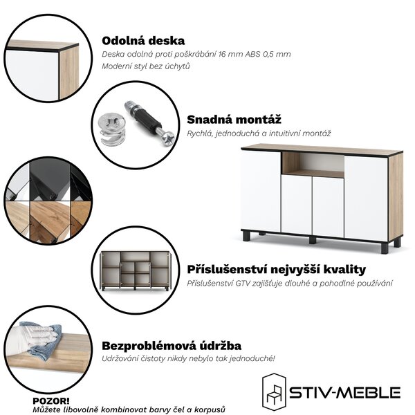 STIV Möbel | Komoda 140x35x80 cm Dub Sonoma / Bílý Mat | 4 dvířka | Obývák Ložnice | 9 polic