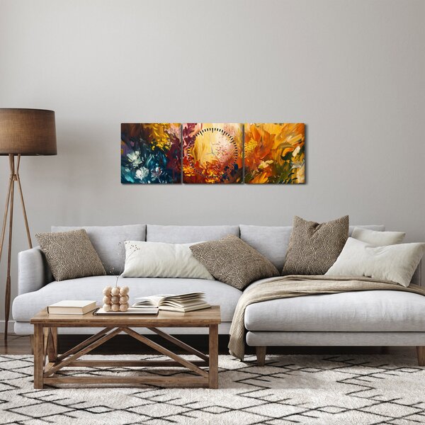 Obraz - Abstraktní malba květin (s hodinami) (90x30 cm)