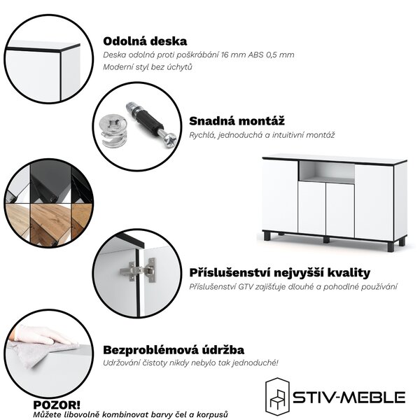 STIV Möbel | Komoda 140x35x80 cm Bílý Mat | 4 dvířka | 9 polic | Do obýváku, ložnice nebo pracovny