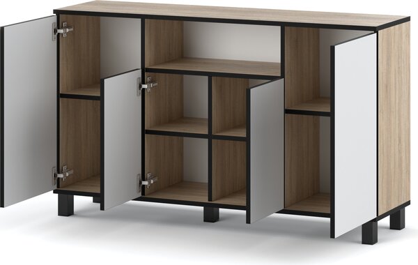 STIV Möbel | Komoda 140x35x80 cm Dub Sonoma / Bílý Mat | 4 dvířka | Obývák Ložnice | 9 polic