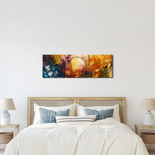 Obraz - Abstraktní malba květin (s hodinami) (90x30 cm)