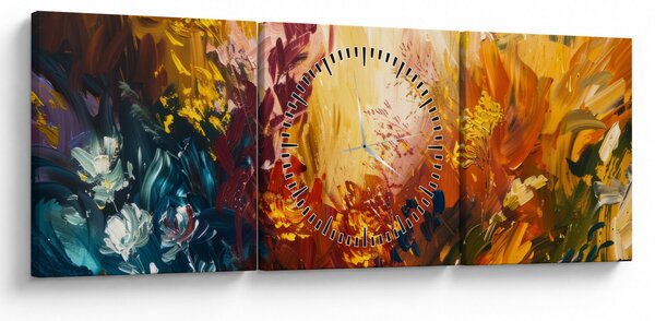 Obraz - Abstraktní malba květin (s hodinami) (90x30 cm)