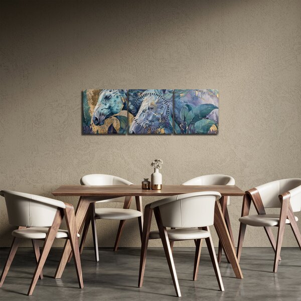 Obraz - Koně se zlatým pozadím (s hodinami) (90x30 cm)