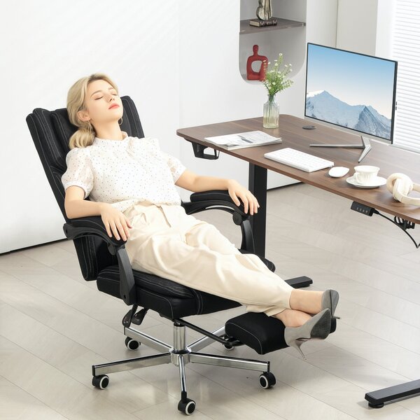 Ergonomická kancelářská židle Vinsetto, nastavitelná výška, sklopné opěradlo, opěrky na ruce, opěrka na nohy a hlavu, otočná kancelářská židle s koleč