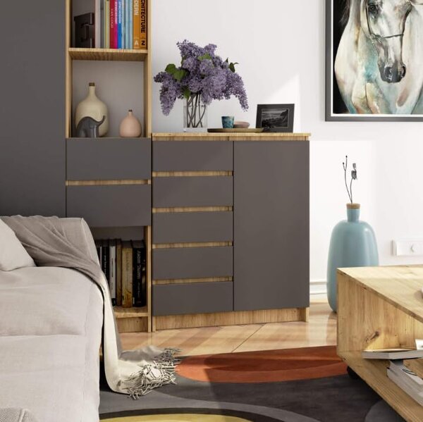 BDW - Komoda 5 zásuvek, obývací pokoj, předsíň 80x97x35, dub Artisan / šedá