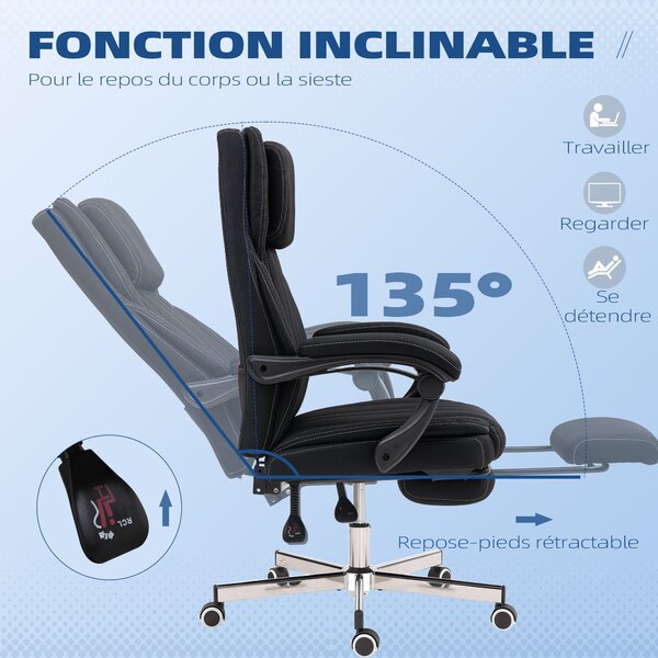 Ergonomická kancelářská židle Vinsetto, nastavitelná výška, sklopné opěradlo, opěrky na ruce, opěrka na nohy a hlavu, otočná kancelářská židle s koleč