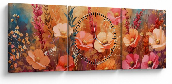Obraz - Luční kvítí, malba (s hodinami) (90x30 cm)