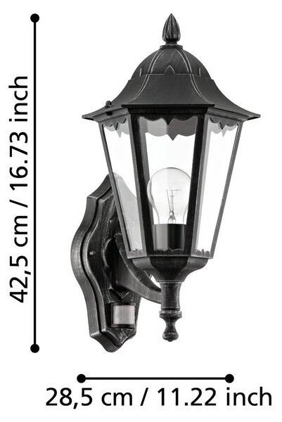 EGLO Venkovní nástěnné svítidlo Navedo, černá/stříbrná, výška 42 cm, senzor, Černá, Hliník, Starožitný