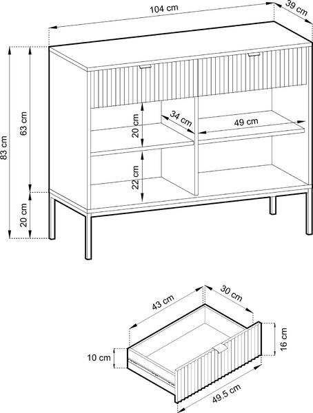 Komoda NANAIMO KSZ104 - kašmír - zlaté úchyty - 2 zásuvky - šířka 104 cm, výška 83 cm, hloubka 39 cm