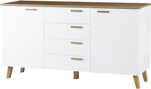 Komoda Konsimo s dvířky a 4 zásuvkami s výsuvnými pojezdy "FRISK", bílá, dřevotříska, skandinávská, 150x81x46cm