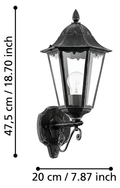 EGLO Venkovní nástěnné svítidlo Navedo, černá/stříbrná, výška 47 cm, svítí nahoru, Černá, Hliník, Starožitný